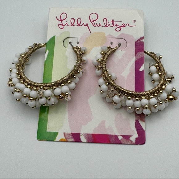 ✨ Lilly Pulitzer White Beaded Hoop Earrings Gold Tone Resort Jewelry 2” NWT - Picture 1 of 4